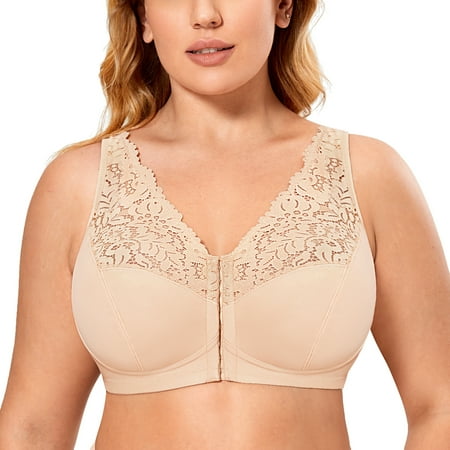 

DELIMIRA Women s Front Closure Bras Unlined Full Coverage Lace Plus Size Wirefree