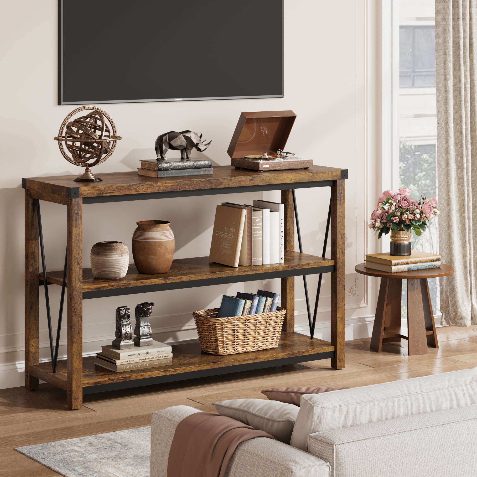 M optimized Farmhouse Entryway Table, 47" Narrow Long Console Table with Storage, 3 Tier Wood Console Table for Living Room, Behind Couch Table, Hallway Table for Foyer, Entryway Furniture