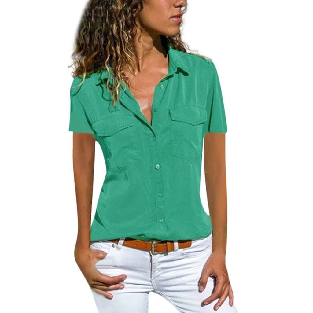 Womens Tops Blouse Solid Short Sleeve Turn Down Collar Pockets Buttons  Shirt Tops Casual Shirts 