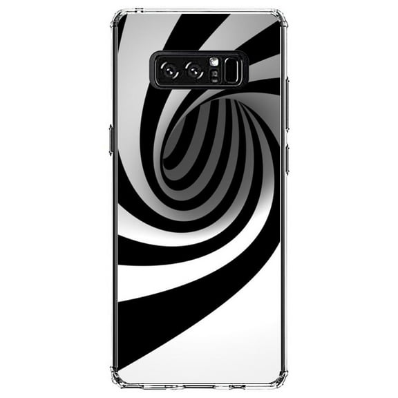DistinctInk Clear Shockproof Hybrid Case for Samsung Galaxy Note 8 - TPU Bumper, Acrylic Back, Tempered Glass Screen Protector - Black White Swirl Vortex Geometric