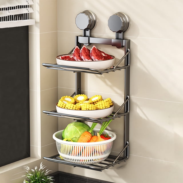 Fiudx Kitchen Suction Cup Multi-Layer Food Preparation Shelf Stainless Steel Wall Mounted Storage Rack No Hole Installation Strong Suction for Vegetables Utensils Bathroom Balcony Organizer
