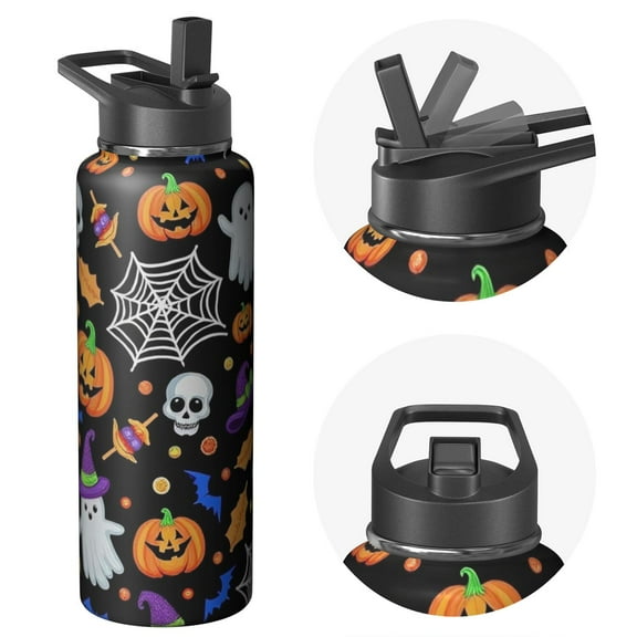 40 OZ Halloween Water Bottle With Straws Double Walled Vacuum Insulated Sports Bottle Witch Pumpkin Travel Thermal Cup Leak Proof Stainless Steel Tumbler Autumn Gift