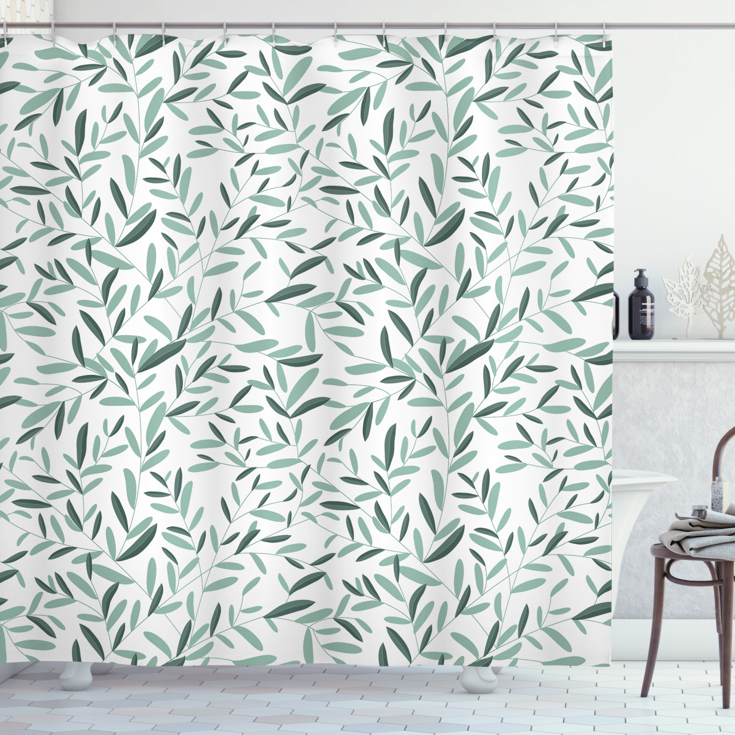 Sage Shower Curtain, Pattern with Leaves Environment Nature Simplicity Summer Spring Plants