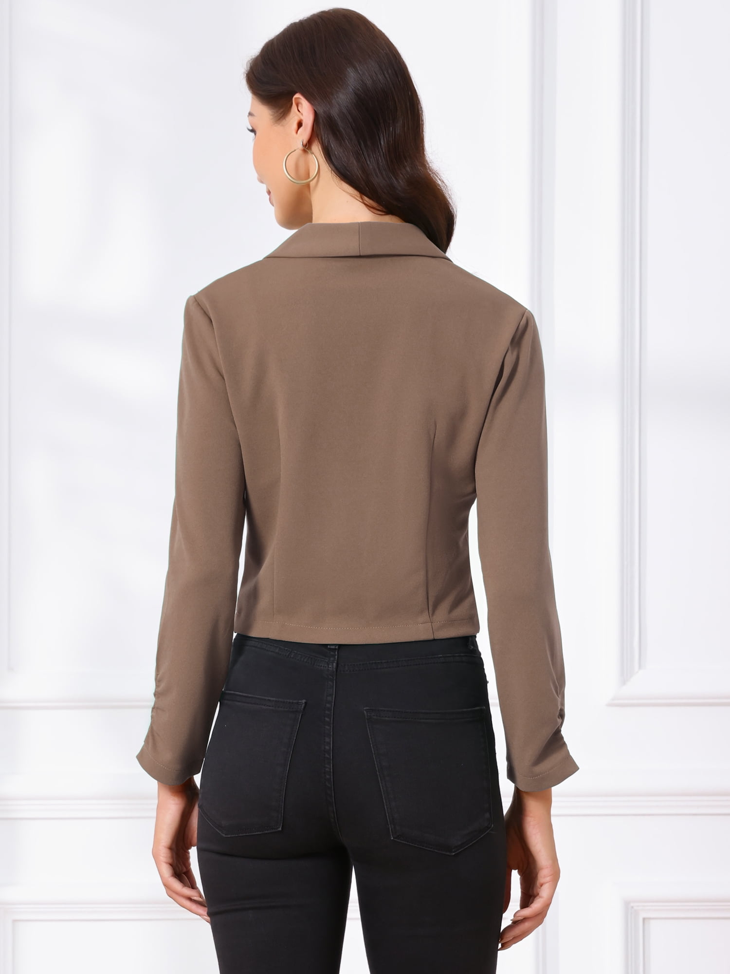 DARING DIVA Women's Lapel Ruched Sleeve Business Casual Jacket L Coffee