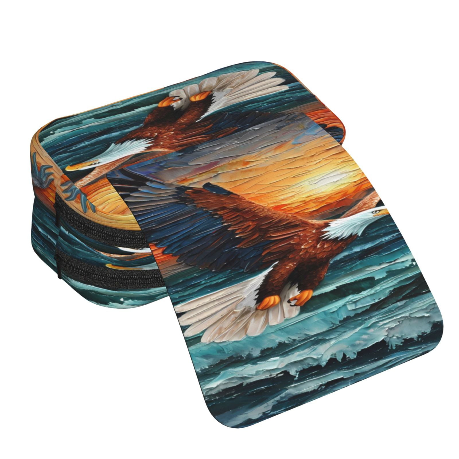 Rateoe Textured Bald Eagle Pattern Double Clamshell Pen Case, Storage Organizer with Two Zipper Compartments– Holds Up to 50 Pencils & Pens