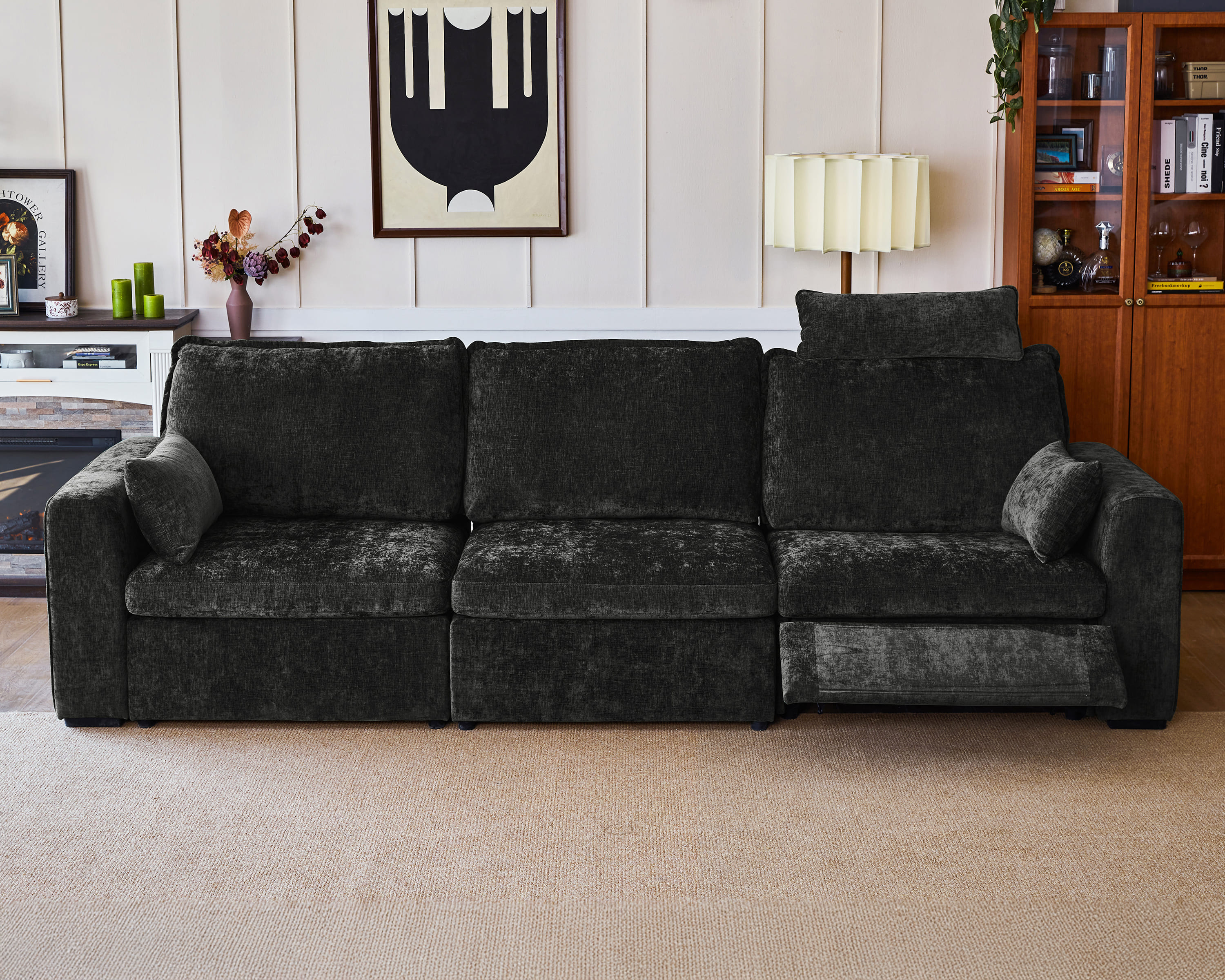 BEDEEP 125'' Power Recliner Sofa with Headrest, Modular Cloud Sectional Chenille Reclining Couch, Convertible 3-Seater Sofa Couch for Living Room RV, Black