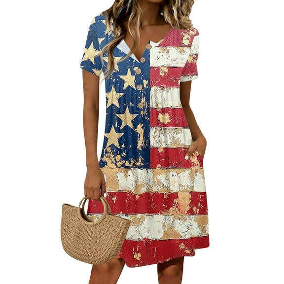 Women's 4th of July 250th Anniversary Floral Print Dress Short Sleeve Button Neck Casual Crew Neckline Independence Day Patriotic USA Flag Summer Everyday Wear Relaxed Fit Dress Blue L