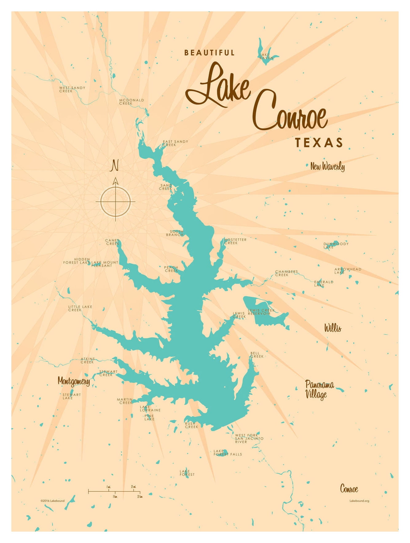 Lake Conroe Texas Map Vintage-Style Art Print by Lakebound (9" x 12