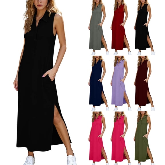 APEXFWDT Summer Casual Maxi Dress for Women V Neck Sleeveless Long Sundress Beach Vacation Dresses with Pockets,L,Army Green