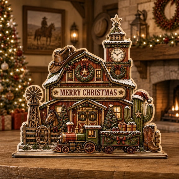 Wooden Block Decor Western Christmas Ranch Scene Wood Tabletop Display for Rustic Holiday Homes