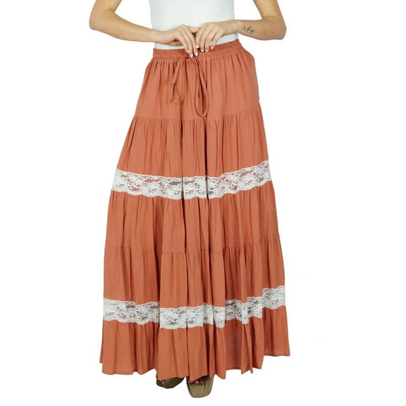 Bimba Long Flaired Cotton Lace Skirt Boho Style Maxi Elastic Waist Bottoms
