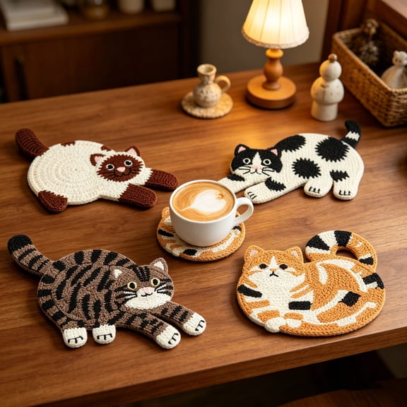 Cute Cat Woven Coasters (4 Pack, Style B) - Funny Crochet Knitted Insulation Pads for Coffee Tea Tables, Desktop Protection, Creative Gifts for Cat Lovers