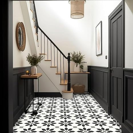 MORCART 7.87" x 7.87" Peel and Stick Floor Tile, 20 PCS Self-Adhesive DIY Vinyl Flooring for Renters, Removable and Waterproof Tile Sticker for Bathroom, Kitchen, Staircase (Black)