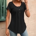 thumbnail image 4 of Women's Curved Hem Short Sleeve Shirts Summer Soft Pleated Scoop Neck Button Down Shirt Loose Fit Casual Daily Wear Tops Black, 4 of 8