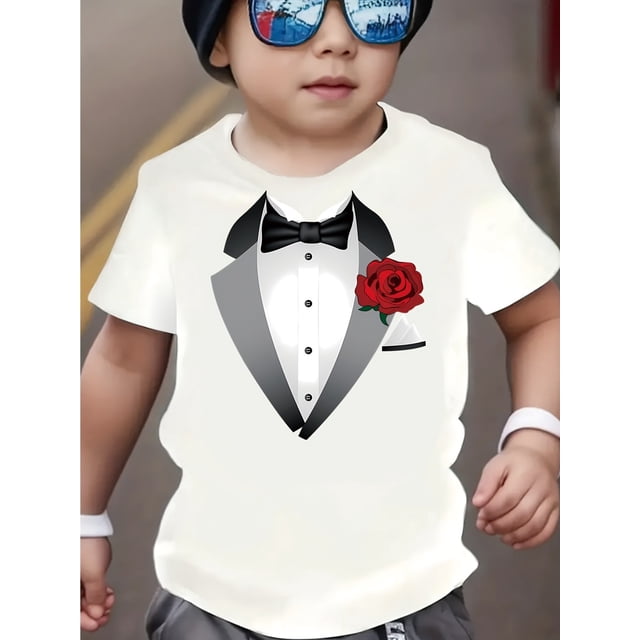 Camiseta informal de cuello redondo para niño con estampado gráfico de cuello de esmoquin falso, tejido de punto de algodón suave, elasticidad media, corte regular para primavera/verano/otoño, ropa