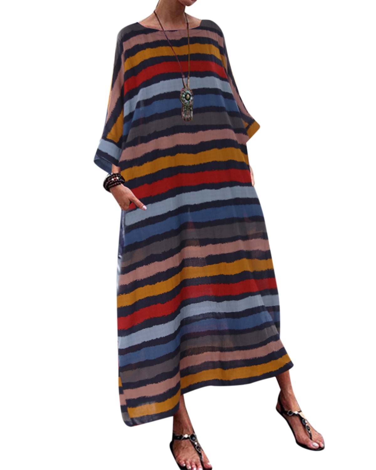 ZANZEA Plus Size Women O-neck Striped Print 3/4 Sleeve Baggy Long ...