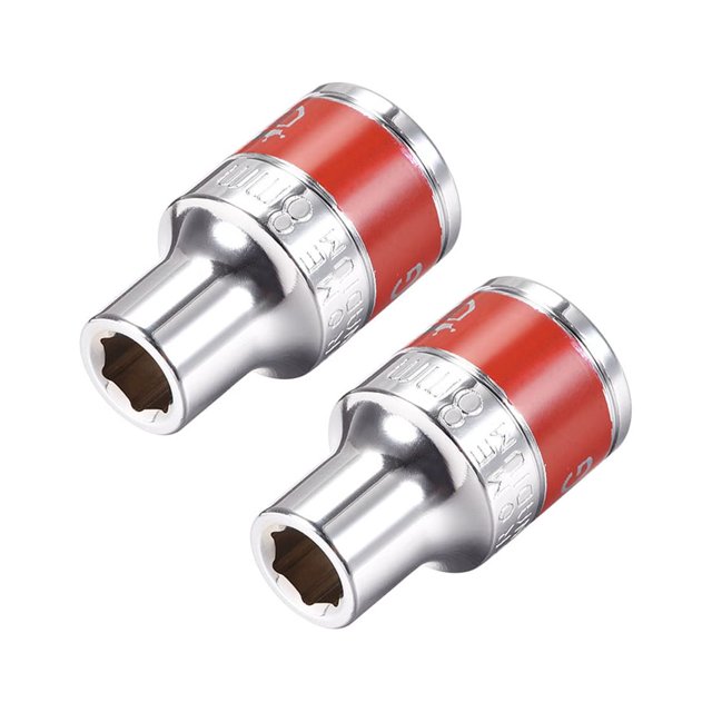 Unique Bargains 2 Pcs 1/2-Inch Drive par 8mm Socket Peu Profond avec Bande Rouge, Cr-V, 6 Points, Métrique