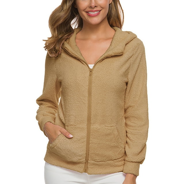 MAWCLOS Ladies Loose Fit Front Zip Fleece Fuzzy Sweatshirts Fall Solid Color Sherpa Hoodie Khaki XL