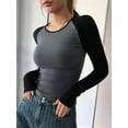 thumbnail image 3 of Women'S Long Sleeve Shirts Slim Fit Stretchy Color Block Slightly Cropped Tops Dark Gray L, 3 of 6
