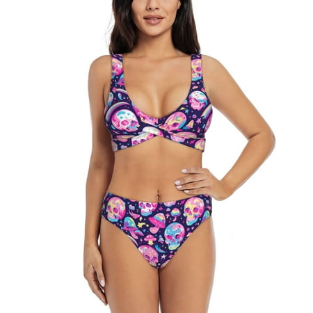 Zeuib Skull mushroom colorful cute High Waisted Tummy Control Bikini Set - Knot Front Push Up Top & Cheeky Thong Bottom  Two-Piece Swimsuit for Women-Small
