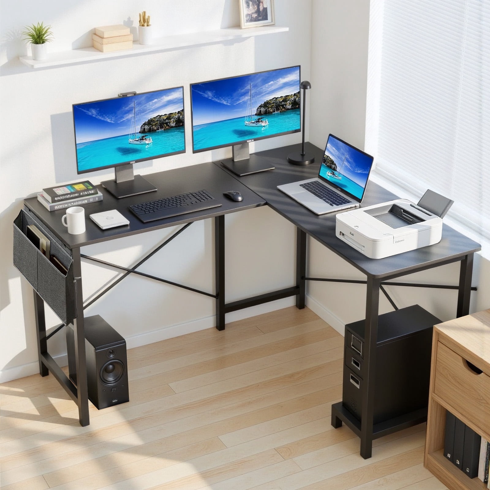 TINKLE WELL 50-inch L-Shaped Computer Desks, Corner Gaming Table with Wooden Desktop, Reversible Design, CPU Stand and Side Bag for Home Office, Study, Black