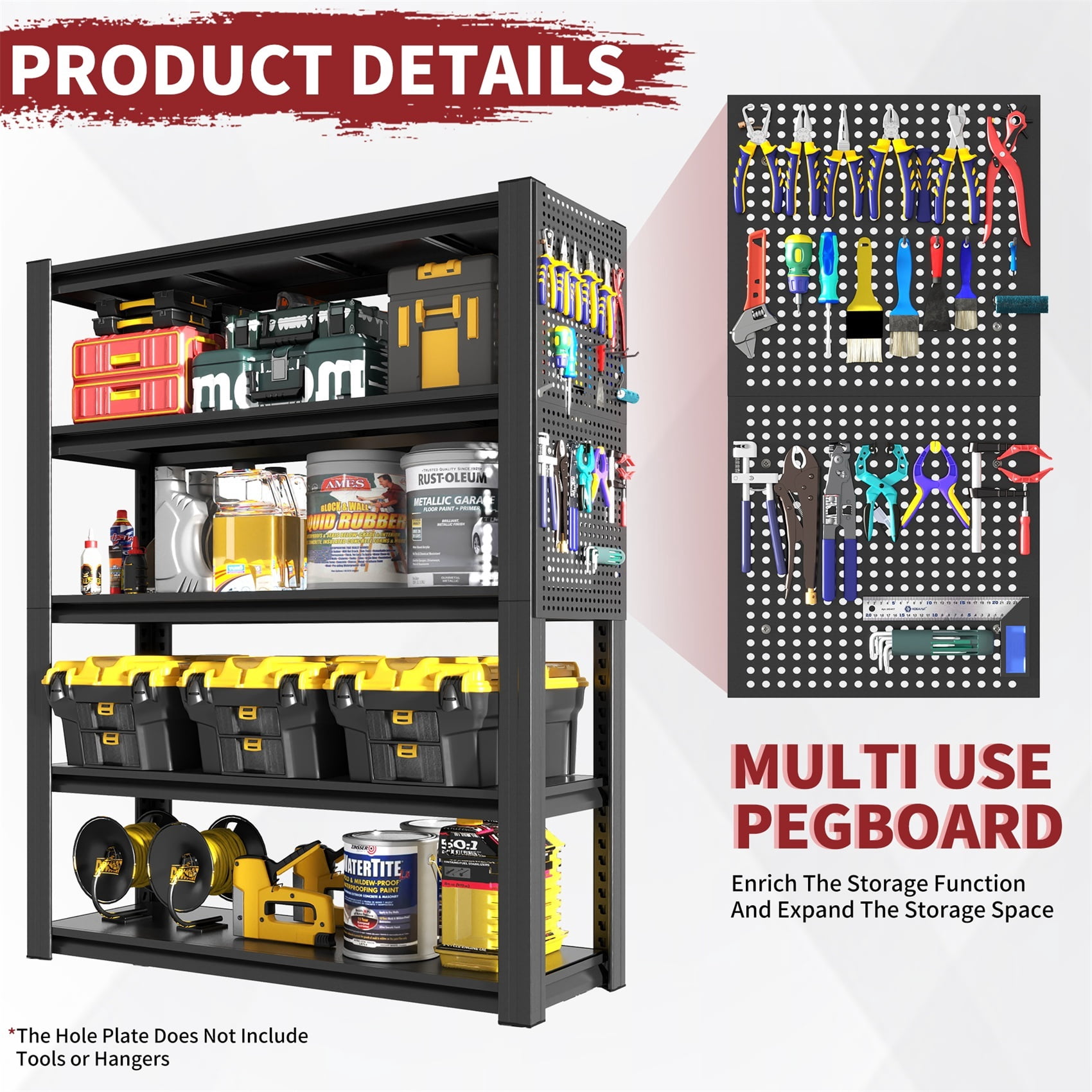 Alvantor 5 Tier Storage Shelves with Pegboard, Heavy Duty Adjustable Shelving Industrial Shelf for Garages, Offices 24"D x 47.5"W x 72"H Black