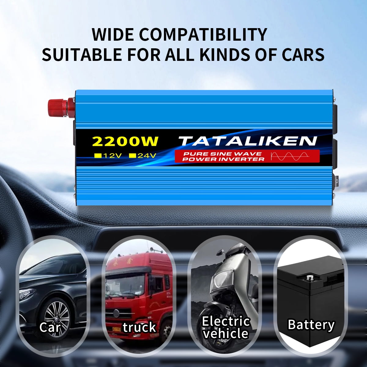 TATALIKEN 2200W（Rating power 1000 W）Pure Sine Wave Power Inverter DC 12V to AC 110V/120V Car Inverter with Battery Clamp Cable 2 AC Outlets for Power Tools Home Vehicles RV Truck, LCD Display Blue