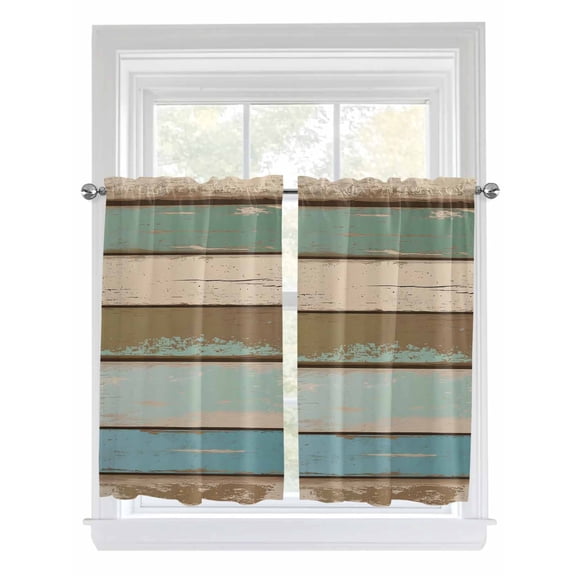 Tier Curtains 45 Inches Long, Green Blue Brown Farmhouse Window Treatment Curtain Drapes, Vintage Wood Small Curtain Drapes for Bathroom Laundry Room, 27.5"x45", 2 Panels