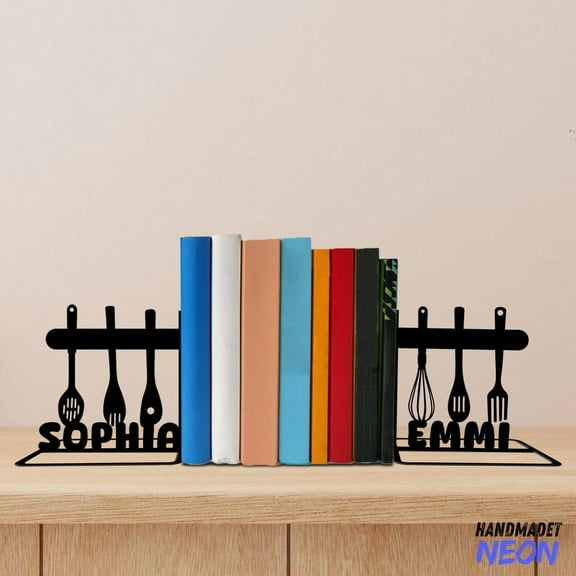 Handmadetneonsign Kitchen Metal Bookends, Chef Cooking Name Bookend, Cookery Table Bookshelf Decor 048139