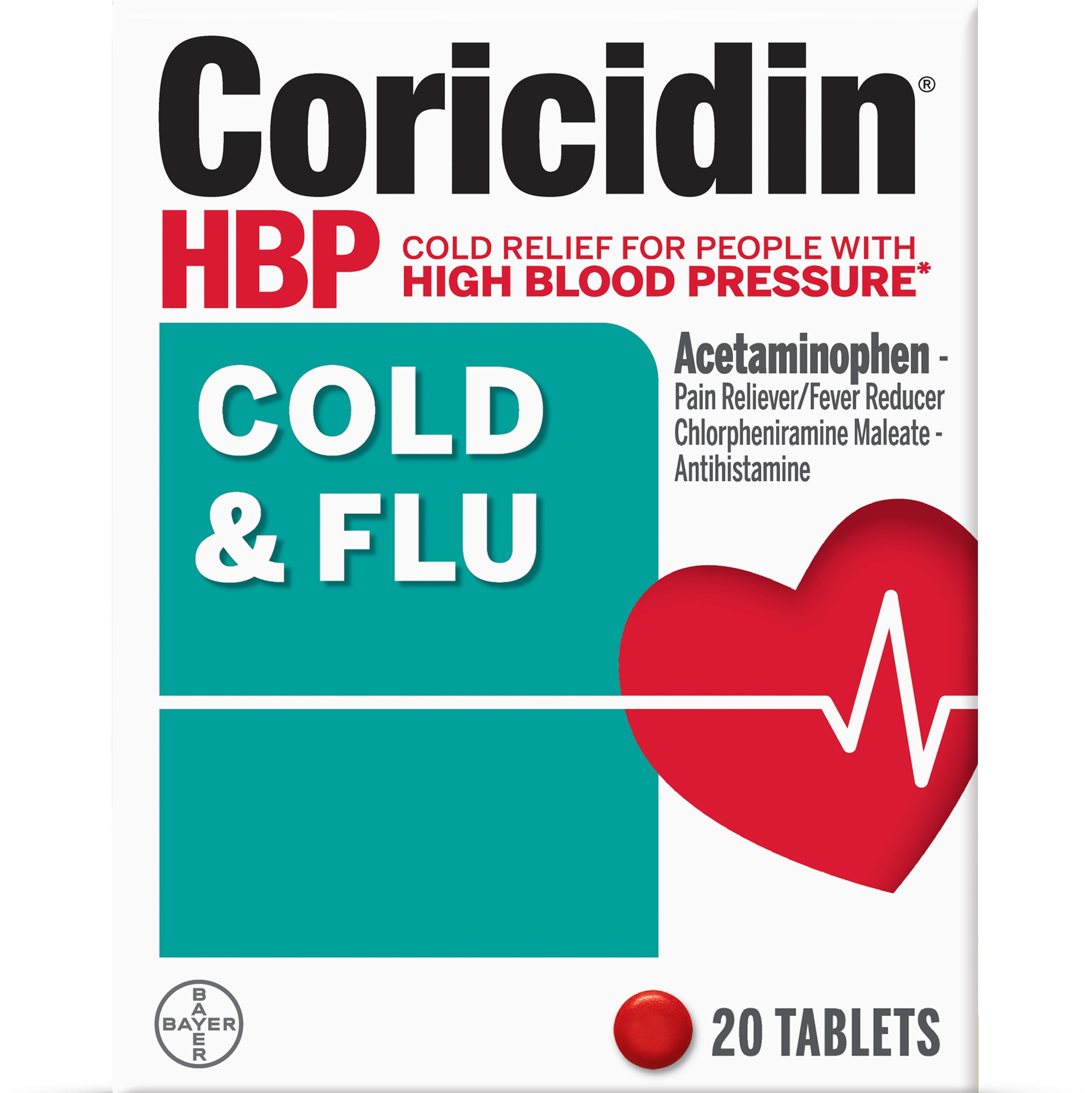 Coricidin HBP Cold & Flu Relief Tablets, High Blood Pressure, 20 Ct