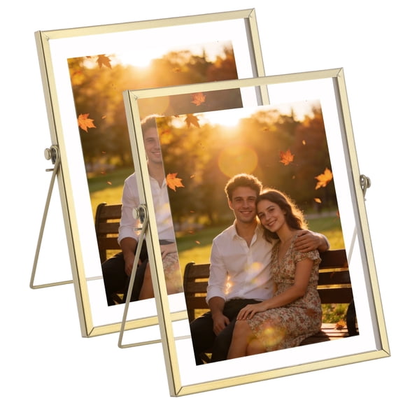 2 Pcs Gold Picture Frames, 9.8 x 7.9 Inch Metal Floating Frame with Thickened Glass & Supporting Stand, Fits 6 x 8 Inch Photos, Modern Desktop Display Ornament for Living Room Bedroom Office Decor