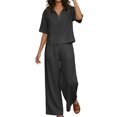 thumbnail image 3 of Feancey Vacation Outfits for Women 2 Piece Set Linen Short Sleeve Laplel V Neck Top and Elastic Waist Pant Lounge Sets Solid Color Loose Travel Outfit with Pockets Dark Gray XL, 3 of 10