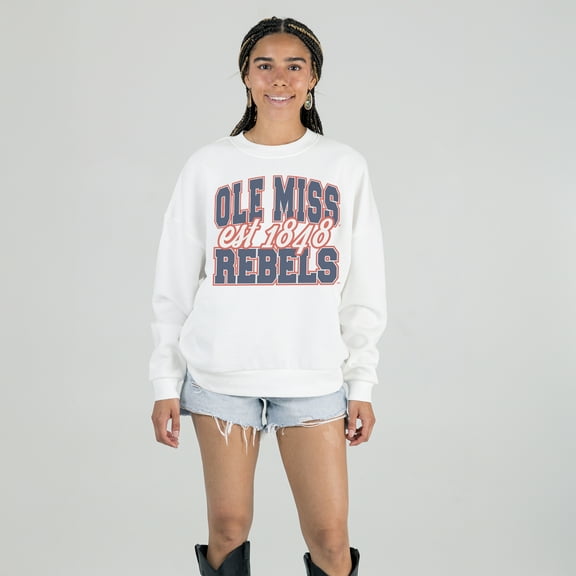 Women's Gameday Couture White Ole Miss Rebels Oversized Faded Formation Premium Fleece Sweatshirt