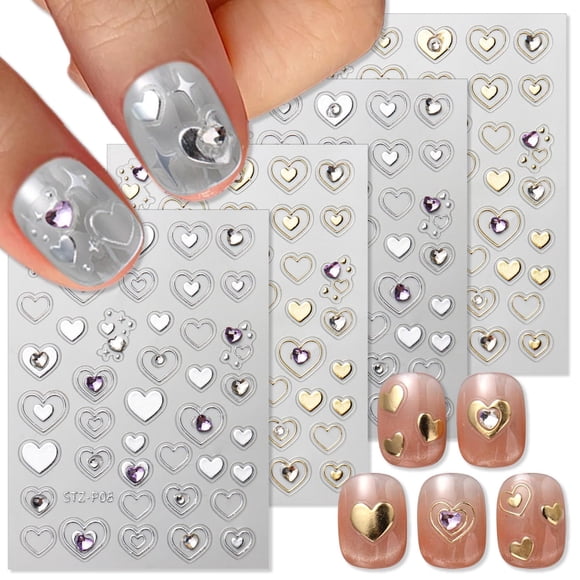 Pegatinas de uñas KTAABTR en forma de corazón dorado y plateado para el día de San Valentín, 3D