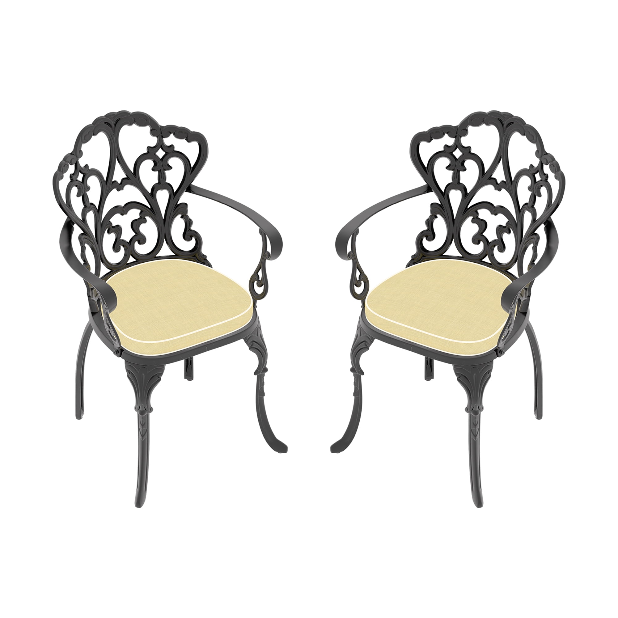 Cast Aluminum Patio Dining Chairs Set of 2 with Black Frame and Beige Cushions for Garden Deck, Black