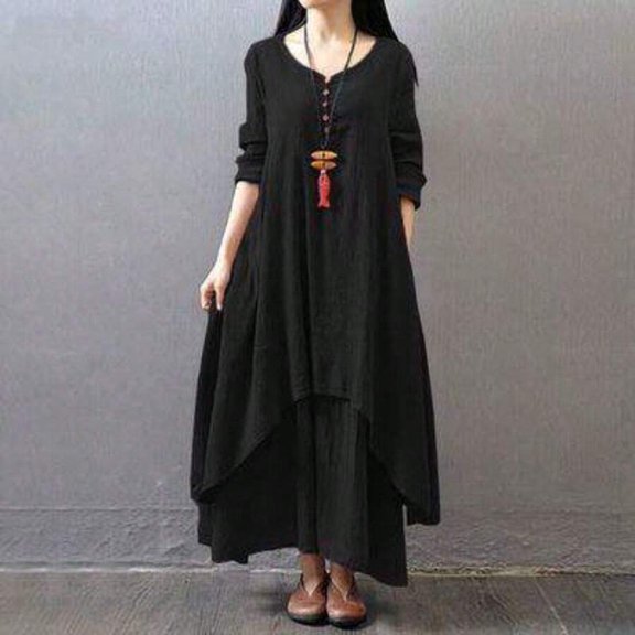 Black Asymmetrical Hem Maxi Dress With V-Neck And 3/4 Sleeve