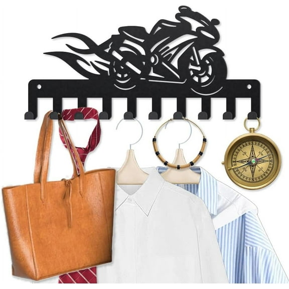 Motorcycle Metal Coat Hooks for Wall 9.8×4.7inch Flaming Exhaust Racing Car Wall Mounted Key Rack 10 Hooks Speed Locomotive Black Art Key Holder for Coats Hats Towels Bags Hanging