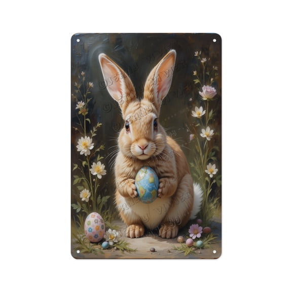 Vintage Aluminum Sign Featuring a Cute Bunny with Easter Eggs, 8 x 12 Inches, Perfect for Your Bedroom, Living Room, or Kitchen, Add a Whimsical Touch to Your Easter Decorations