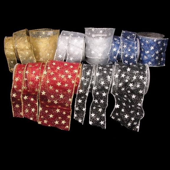 Black and Silver Sheer Glitter Star Print Fuzzy Wired Craft Ribbon 2" x 40 Yards