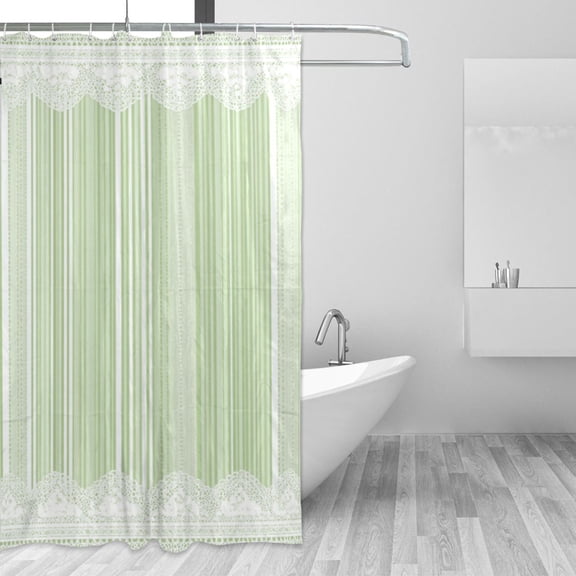 Light Green Stripes with White Lace Shower Curtains with 12 Hooks Waterproof Bathroom Decor 48" x 72"