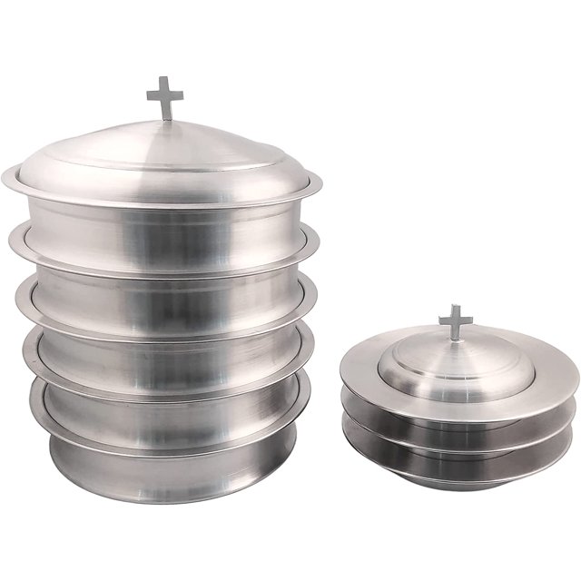 Mayur Export Vaisselle de Communion en Acier Inoxydable 5 Plateaux de Service de Vin Sacré avec Couvercle & 3 Assiettes à Pain Empilables avec Couvercle - (Mat)