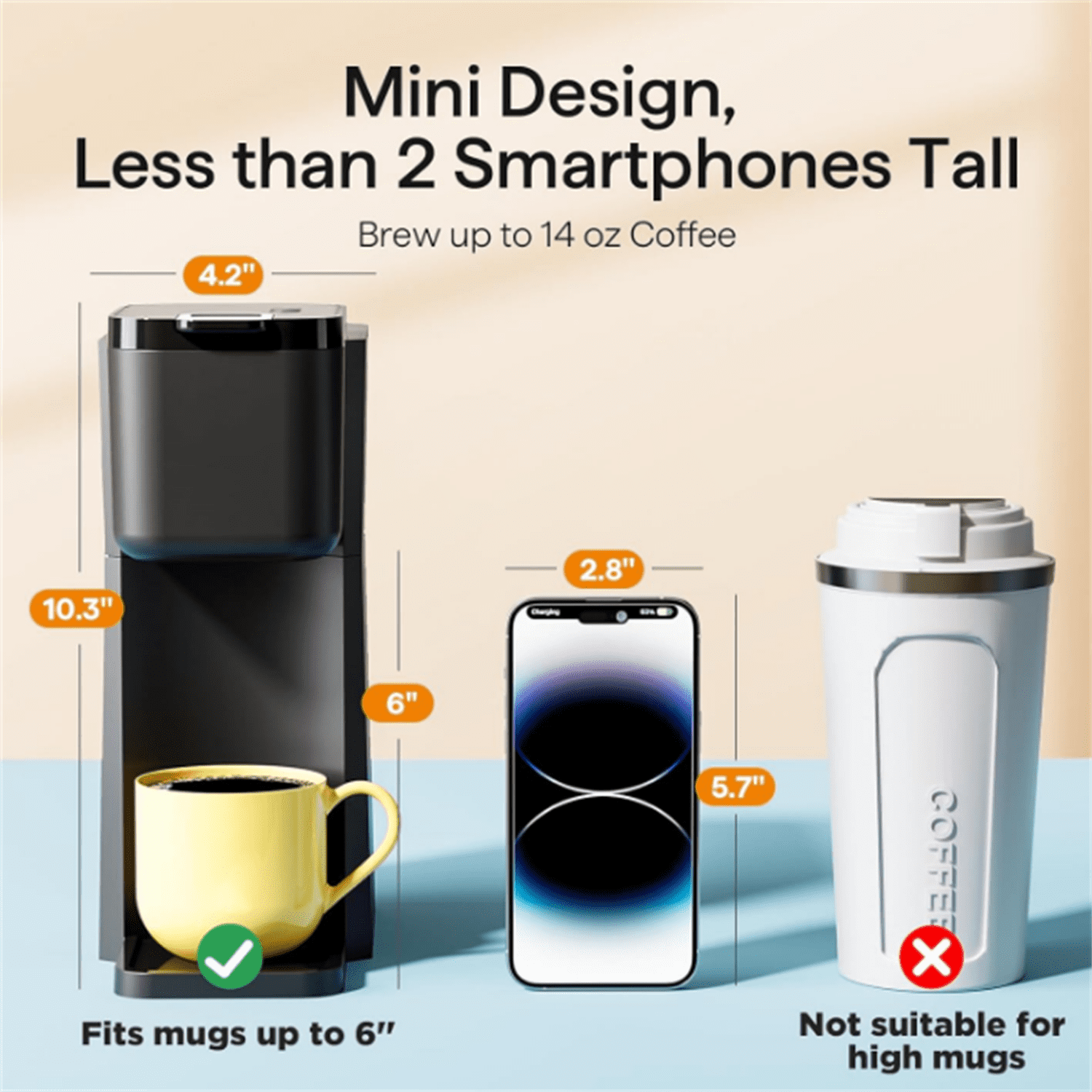 Mini Hot and Iced Coffee Maker Single Serve, for K Cup and Ground, 6 to 14 Oz Brew Sizes, with Recipe Book, for Home, Travel, RV, Office and Dorm, Classic Black (2.0 Version)