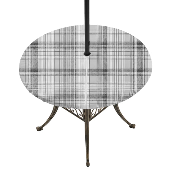 Round Outdoor Tablecloth with Umbrella Hole and Zipper, Black Checkered Tablecloth with Elastic Waterproof, Summer Modern Minimalist Patio Table Covers for 31" - 35" Picnic Pool Tables
