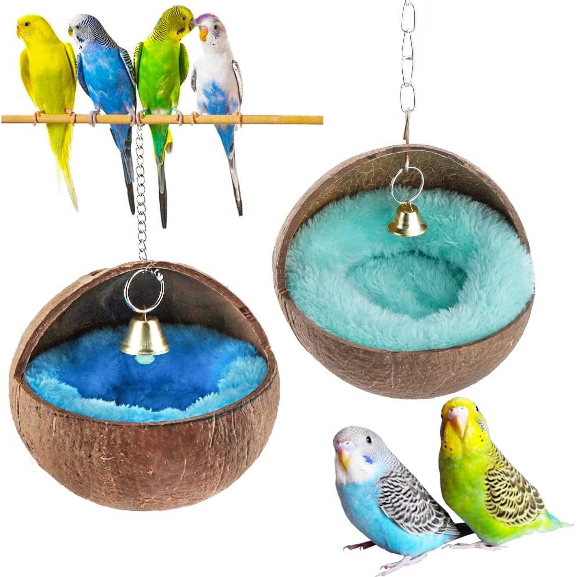 2 Pack Natural Coconut Shell Bird Nest with Soft Cushion Pads, Hanging Bird Hideout Hut for Small Parrots, Chew-Safe Coconut Bird House for Resting, Breeding and Bird Cage Decor