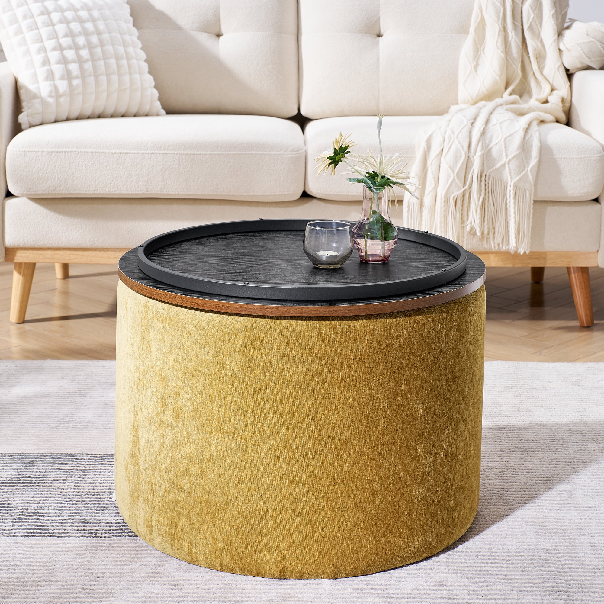 Lunale Round Storage Ottoman Set of 2, Chenille Upholstered Coffe Side Tables for Living Room, Dark Yellow