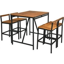 RELAX4LIFE 5-Piece Patio Bar Set,Acacia Wood Counter Height Bistro Dining Table w/Umbrella Hole, Wicker Rattan Bar Stools Set of 4 for Balcony Backyard Poolside, 5PCS Outdoor Bar Table and Chairs Set