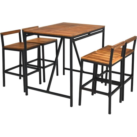 RELAX4LIFE 5-Piece Patio Bar Set,Acacia Wood Counter Height Bistro Dining Table w/Umbrella Hole, Wicker Rattan Bar Stools Set of 4 for Balcony Backyard Poolside, 5PCS Outdoor Bar Table and Chairs Set
