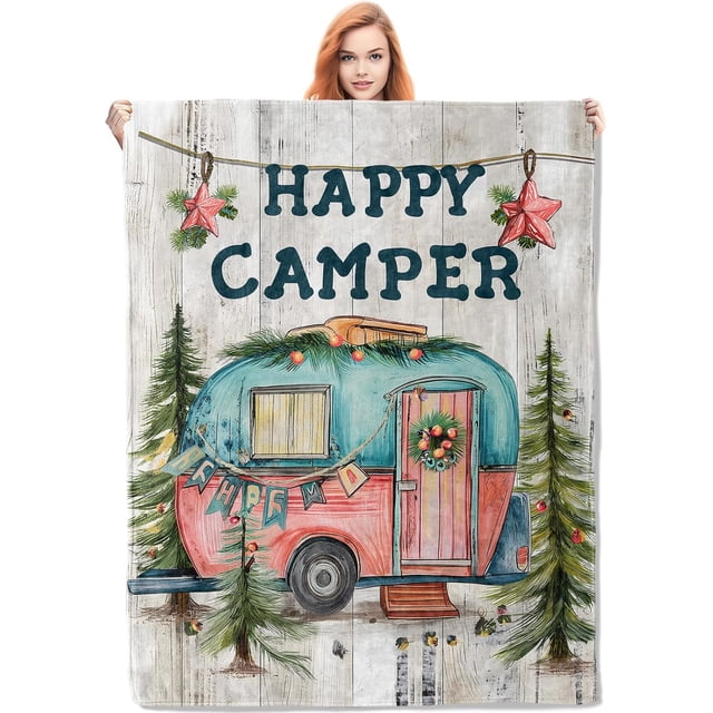 Camper Flannel Blanket Camp Gifts Camping-Themed Blanket for Women Soft Lightweight Throw Blankets for Bed Home Travel Decor 50"x60"