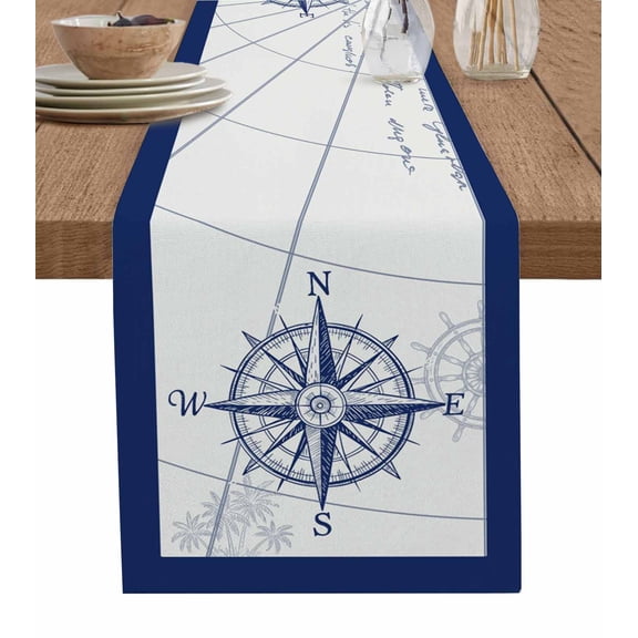 Nautical Compass Table Runner 70 Inches, Navy Blue Maps Tropical Palm Tree Bed Runner Dresser Scarves Tabletop for Indoor Outdoor Parties/Ceremony/Banquet, 13" x 70"