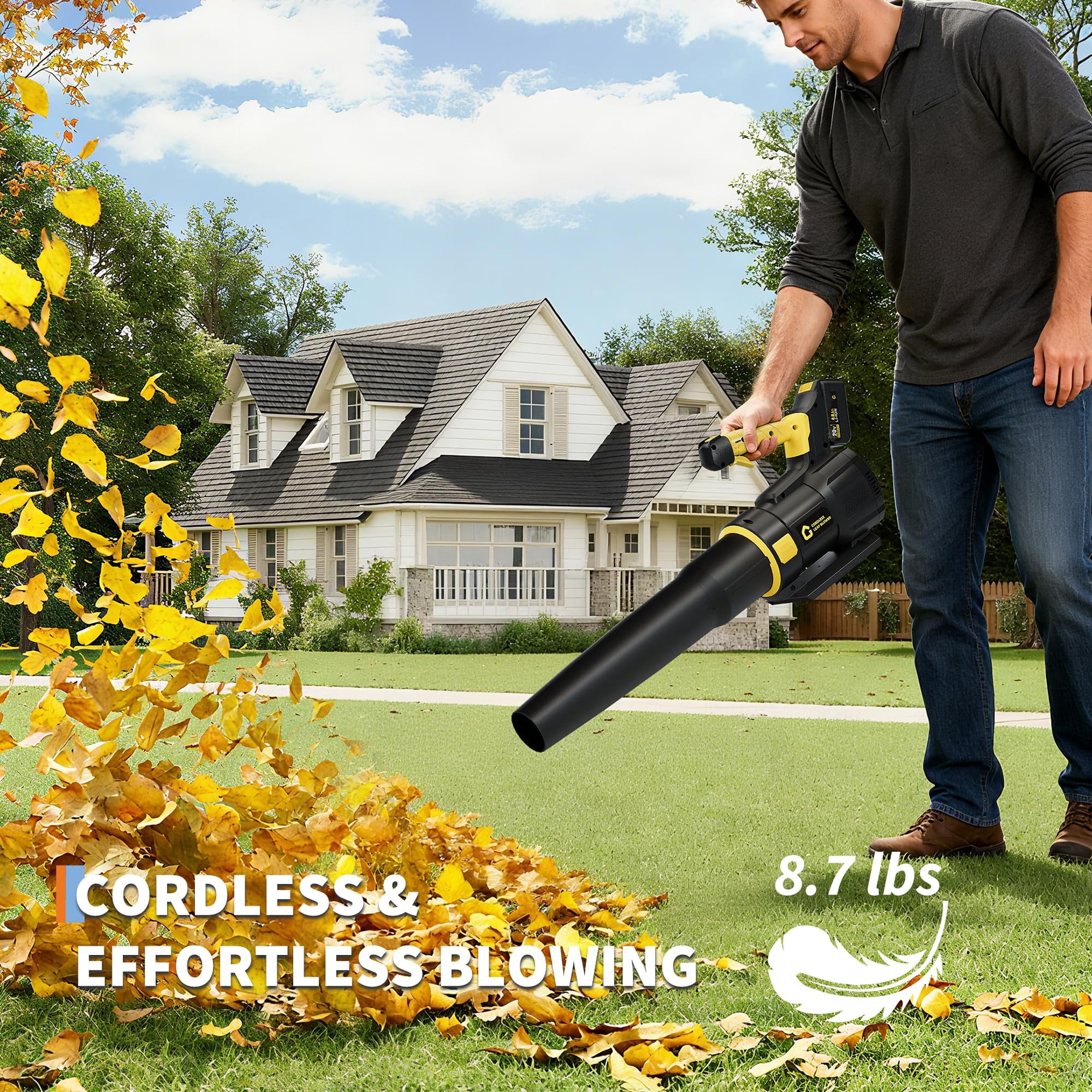 20 v Cordless Leaf Blower, 350 CFM Battery Blower with 4.0 Ah Battery & Charger, 250 w Portable Lightweight Leaf Blower for Driveway, Patio Lawn & Yard Cleaning - Yellow
